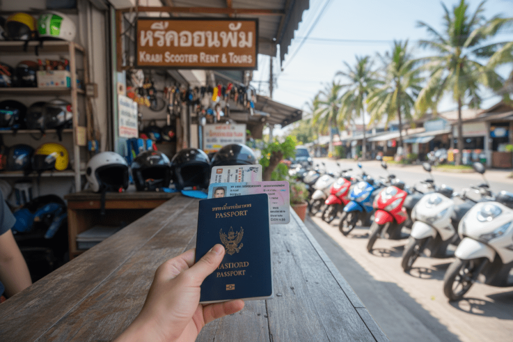 Documents Required for Scooter Rental in Krabi Traveler presenting documents at a scooter rental shop in Krabi, Thailand