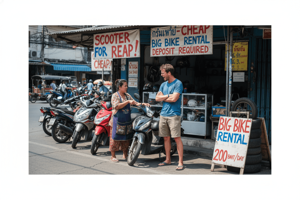 Tourist expression of frustration at Hua Hin scooter rental shop