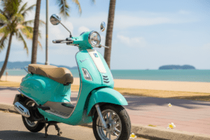 Close-up of scooter rental on Jomtien Beach Road, Thailand showcasing vibrant coastal views