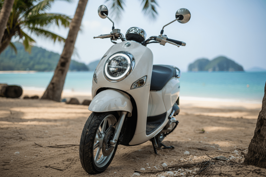 Close-up of a rental scooter by the beach in Koh Lanta
