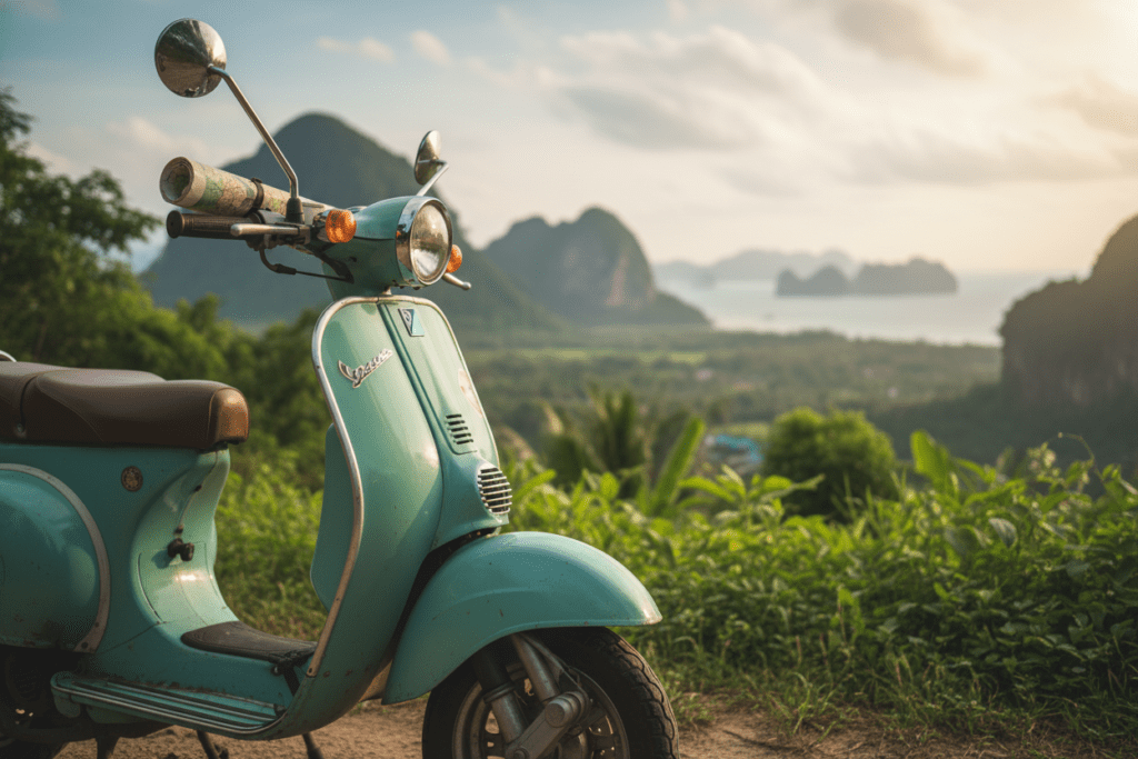 Scooter Rental in Krabi - Explore Thailand Close-up of a scooter in Krabi, Thailand surrounded by lush greenery