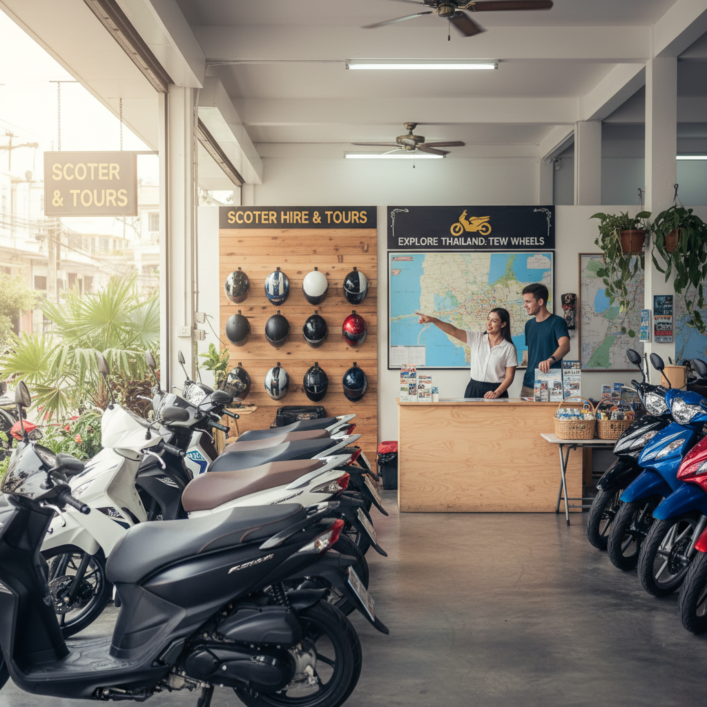 Interior view of a Thailand scooter rental shop showcasing various models