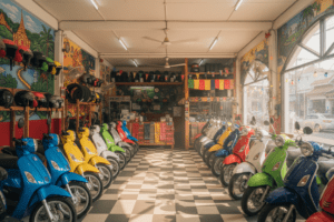 Interior shot of Thai scooter rental shop showcasing various bikes and helmets