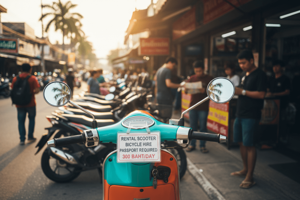 Close-up of a rented scooter at a motorbike shop in Thailand