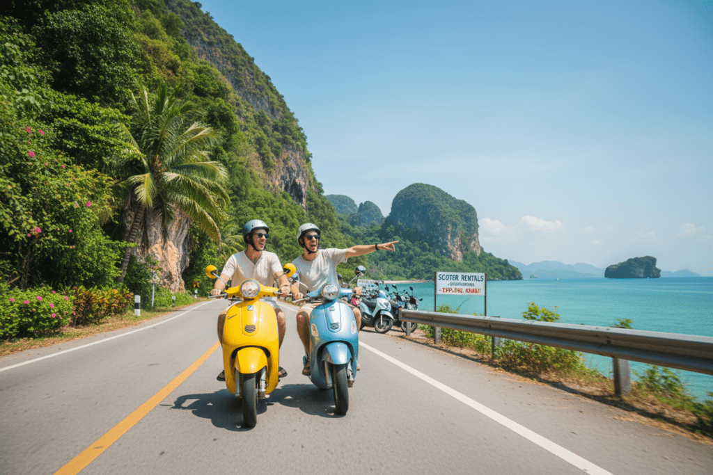 Riding Scooters in Krabi Couple riding scooters along the beautiful coastal road in Krabi, Thailand