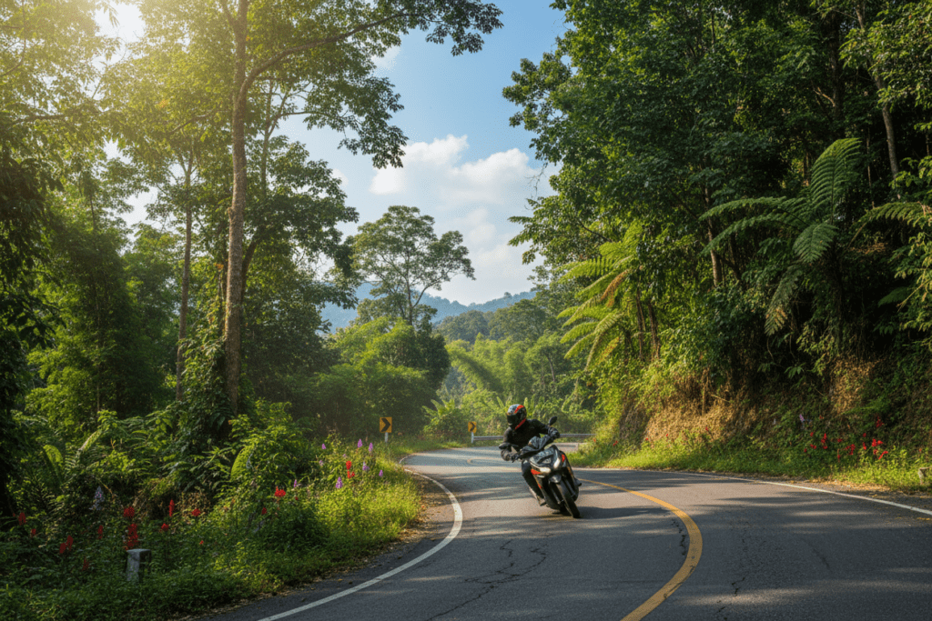 Scooter rider navigating a curve on Route 1095 in Northern Thailand, showing skill and focus
