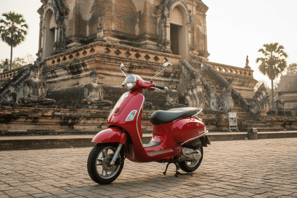 Scooter parked at famous temple in Chiang Mai highlighting cultural blend