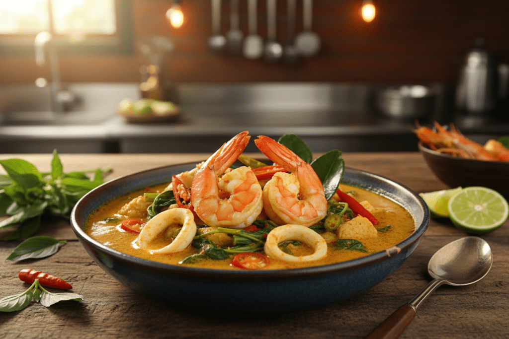 Delicious close-up of a traditional Thai dish prepared in Krabi, highlighting vibrant colors and fresh ingredients