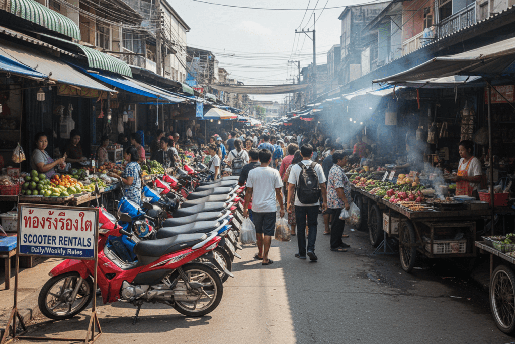Crowded Thai market with scooter rentals and street vendors