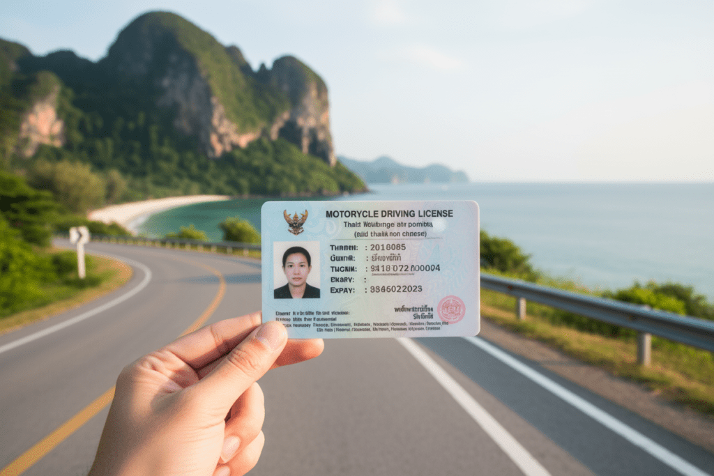 Close-up of Thai motorcycle license with coastal road view in Krabi