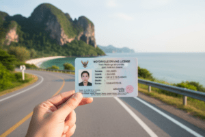 Close-up of Thai motorcycle license with coastal road view in Krabi