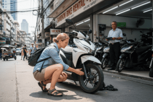 Tourist inspecting a rented scooter for safety before riding in Bangkok