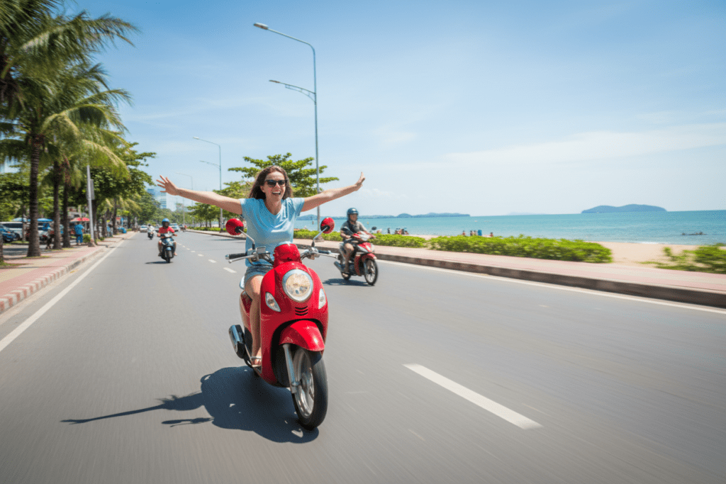 Tourist riding a scooter down Jomtien Beach Road, enjoying the beautiful scenery