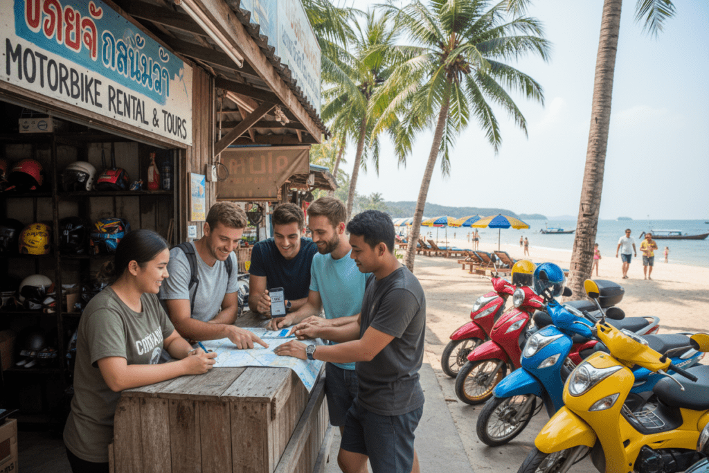 Tourists preparing documents at a motorbike rental shop by the beach in Thailand