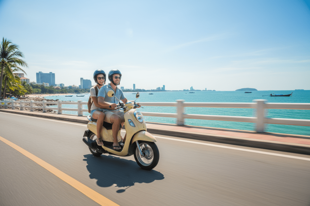 Exploring Pattaya's Coast on a Motorbike Tourists riding a motorbike along Pattaya coastline