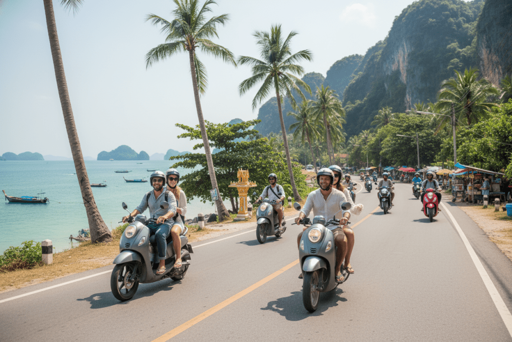 Tourists riding scooters along a scenic coastal road in Thailand enjoying their adventure