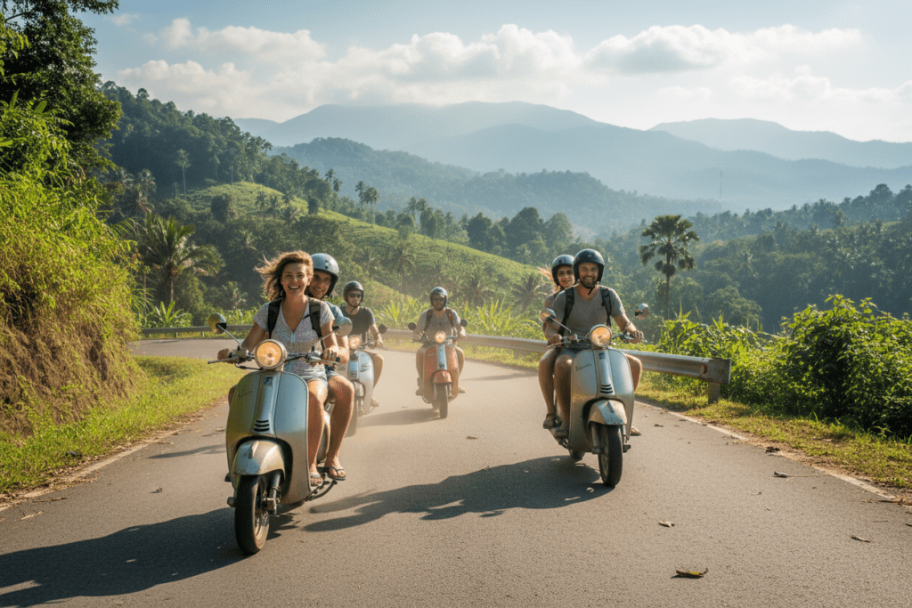 Tourists enjoying Chiang Mai's scenic roads on scooters